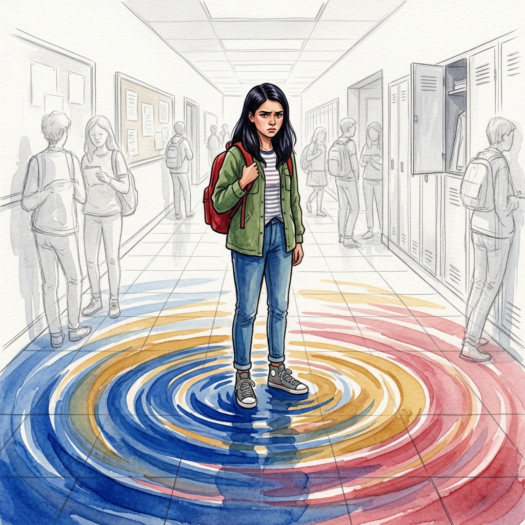 Watercolor and pencil illustration of a teenage girl in a school hallway, rendered in full color while surrounding students fade to gray pencil sketches, with colorful ripples radiating outward from her feet