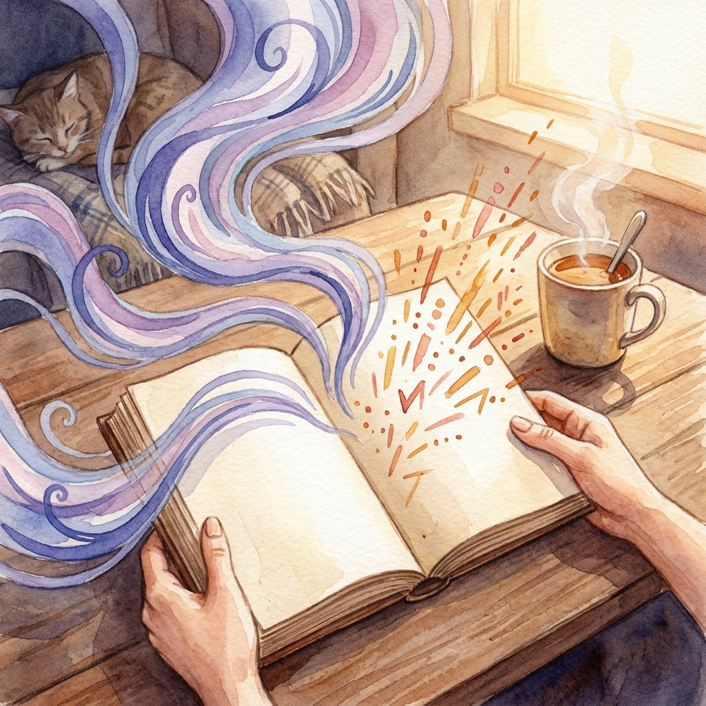 Watercolor illustration of hands holding an open book with flowing ribbons and staccato marks emerging from the pages, representing prose rhythm and sentence length variation
