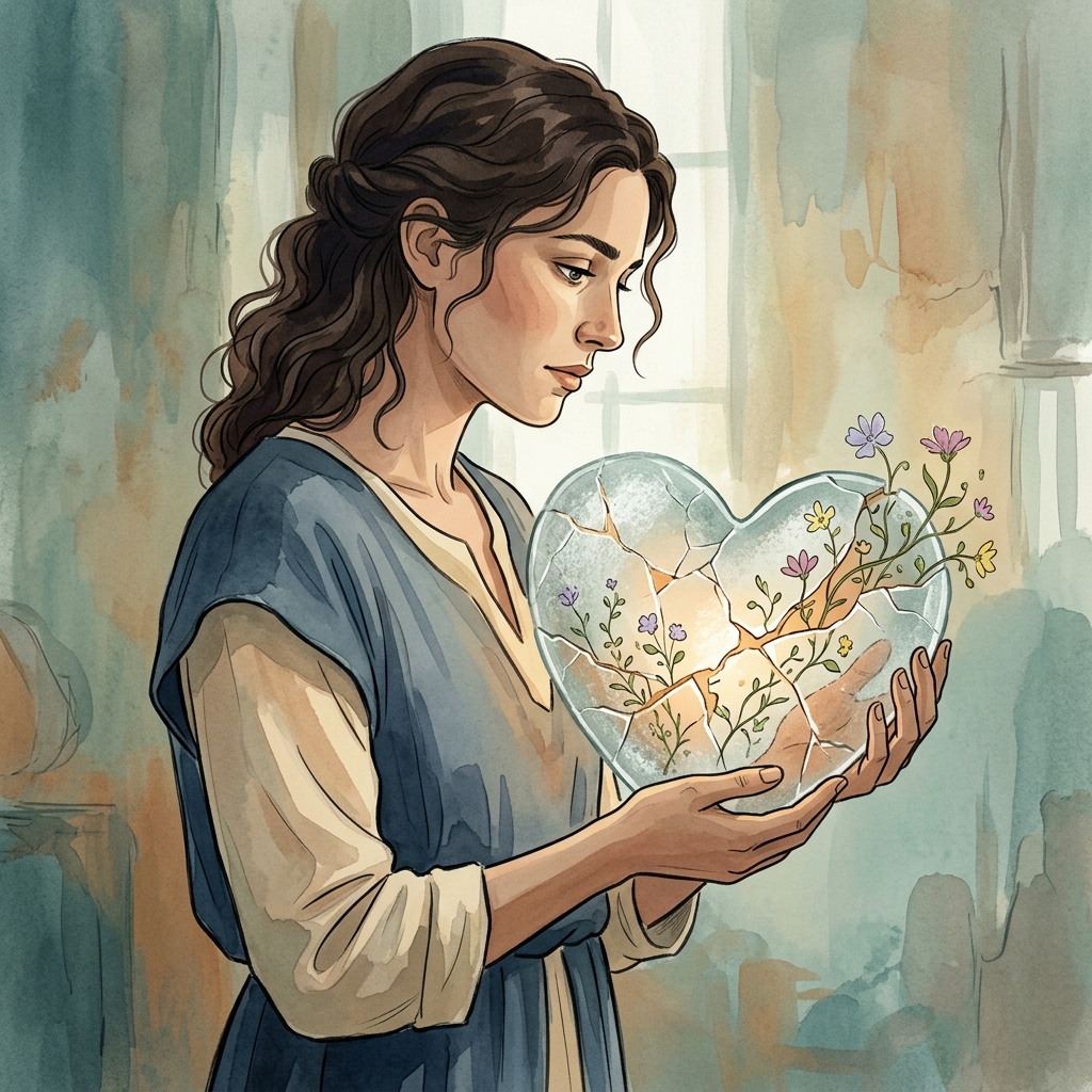 Watercolor illustration of a woman cradling a cracked translucent heart from which wildflowers bloom through the fractures