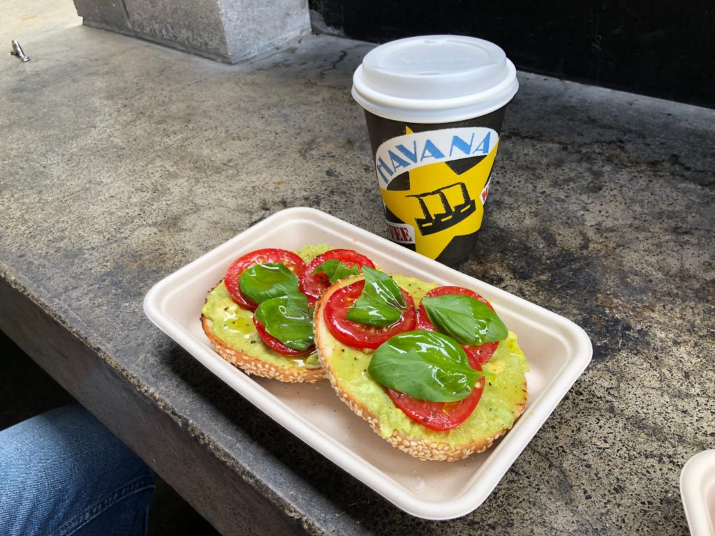T.A.B. (tomato, avocado, basil) bagels with lemon oil and an American-sized black coffee