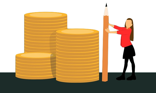 illustrated woman holding a pencil next to a stack of gold coins