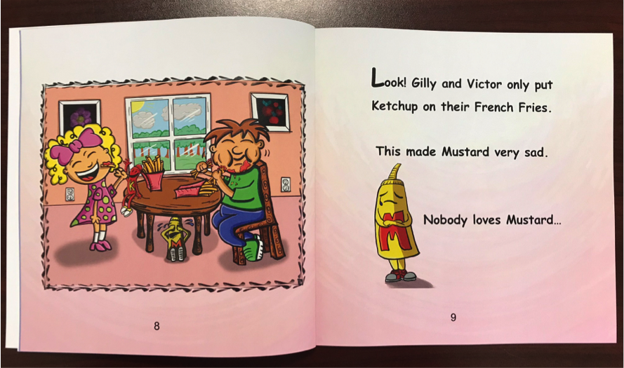Two page spread of Nobody Loves Mustard
