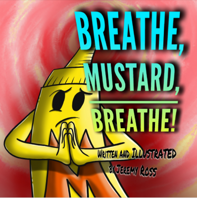 The character mustard stands with his hands together in prayer pose in front of a red spiral