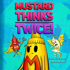 The character of Mustard looks between tiny devil and angel mustard bottles over his shoulders