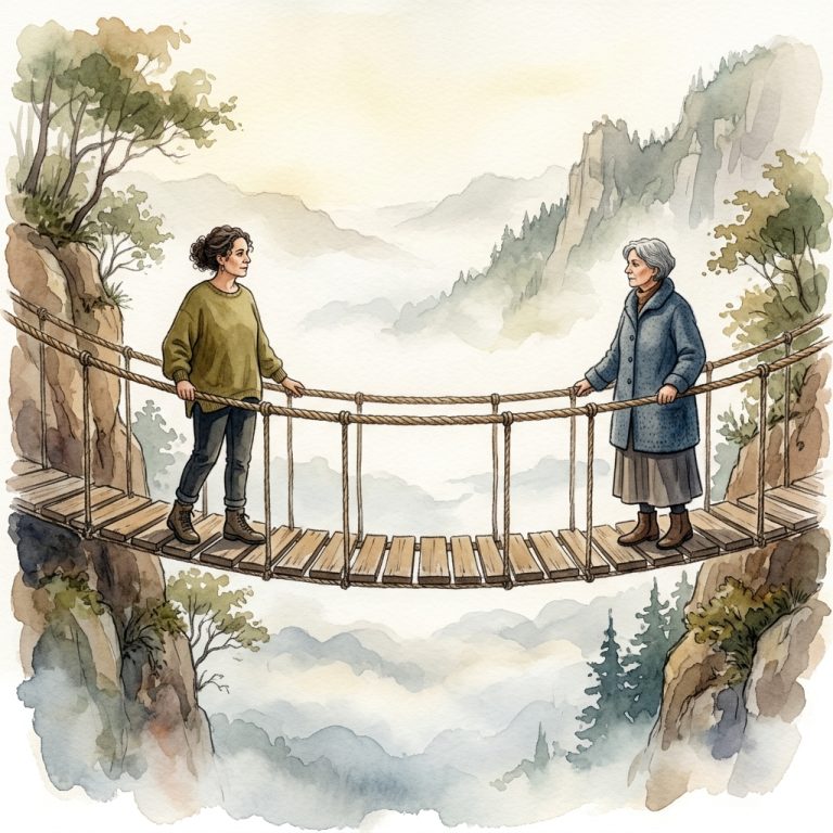 Watercolor illustration of two women on opposite ends of a rope bridge in misty mountains, each gently pulling the rope—symbolizing two equally justified characters in conflict