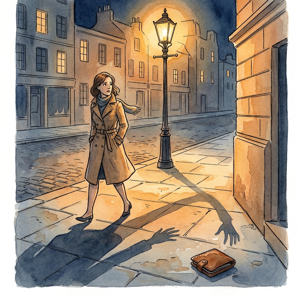 Watercolor illustration of a woman on a cobblestone street at night, a dropped wallet on the pavement behind her, her shadow reaching down to pick it up before she has decided