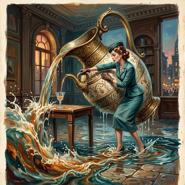 Surreal vintage illustration of a woman pouring from an enormous ornate pitcher into a single small glass, water overflowing around her feet