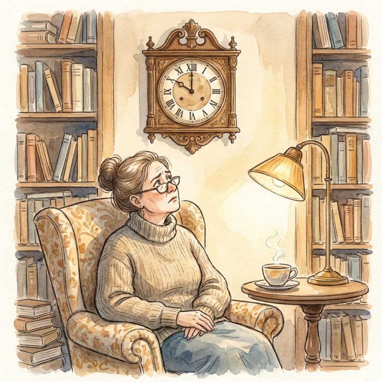 Watercolor illustration of a woman in an armchair glancing uneasily at a clock on a bookshelf-lined wall
