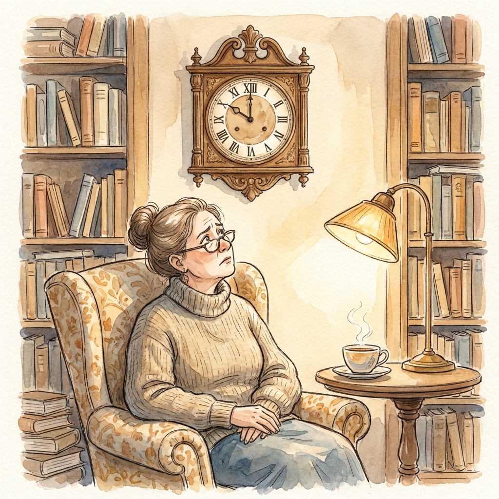 Watercolor illustration of a woman in an armchair glancing uneasily at a clock on a bookshelf-lined wall