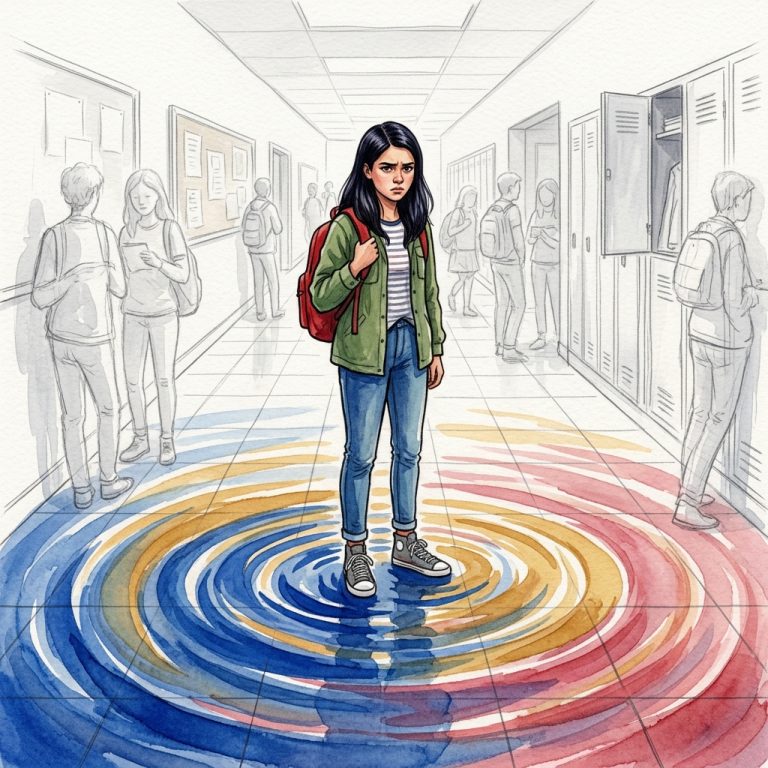 Watercolor and pencil illustration of a teenage girl in a school hallway, rendered in full color while surrounding students fade to gray pencil sketches, with colorful ripples radiating outward from her feet