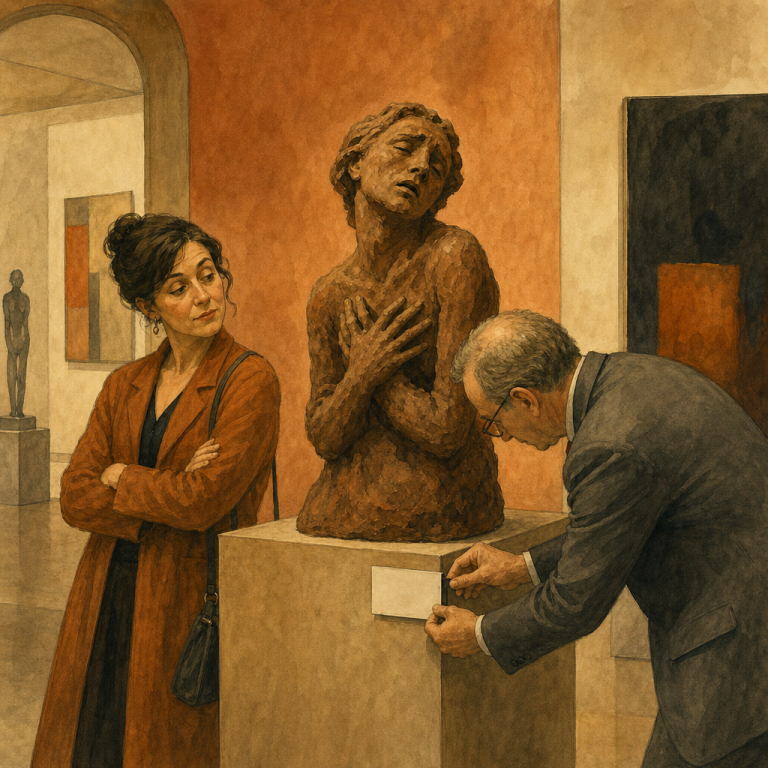 Watercolor illustration of a woman in a gallery looking skeptically at a curator affixing a label to an expressive sculpture that already conveys its emotion