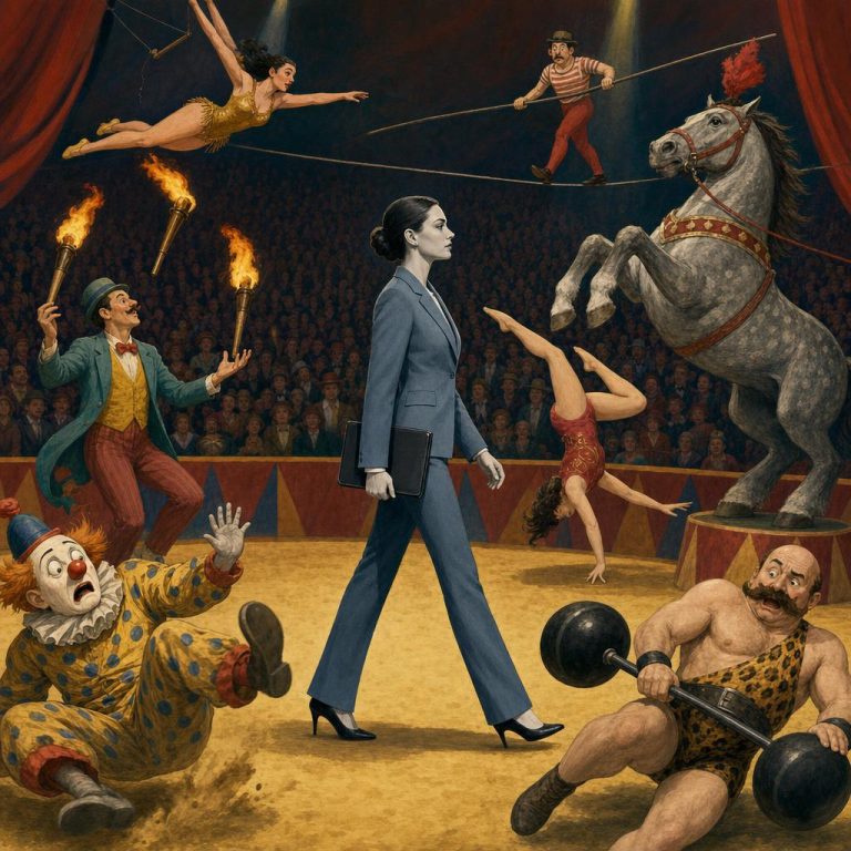 Illustration of a composed businesswoman in a gray suit walking through a chaotic circus ring, surrounded by acrobats and clowns, completely deadpan and oblivious to the absurdity around her