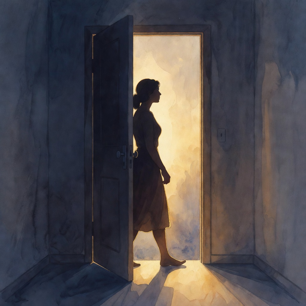 Watercolor illustration of a woman silhouetted in a doorway, paused on the threshold between warm golden light and cool blue shadow