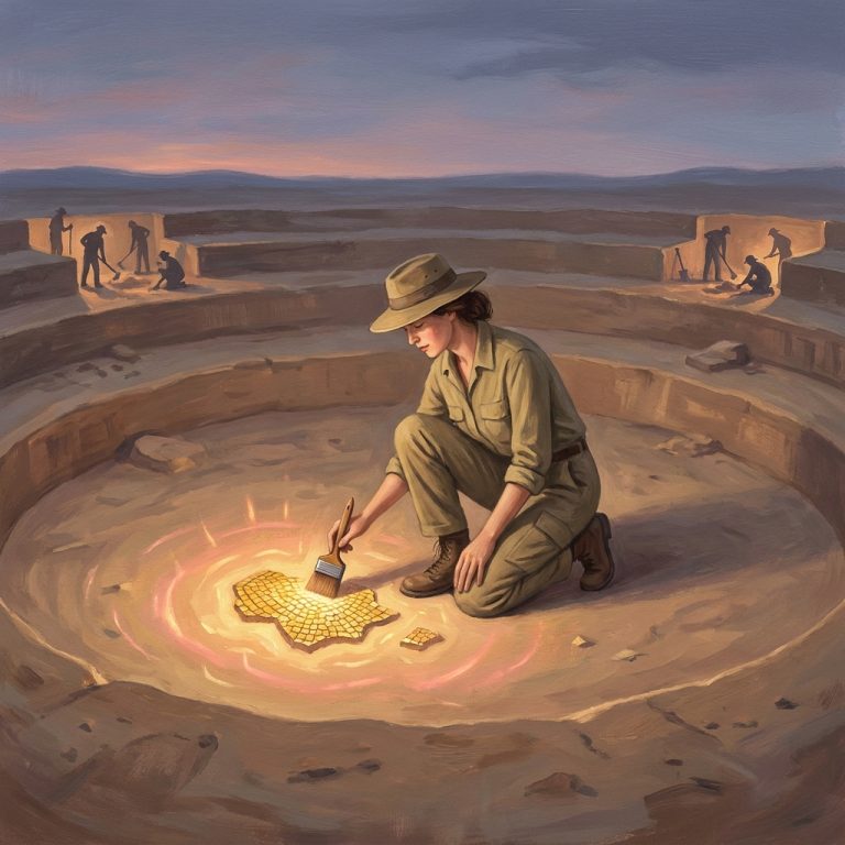 Painted illustration of a woman archaeologist excavating from the center of a dig site, with warm golden light glowing from the mosaic beneath her while other workers dig from the edges