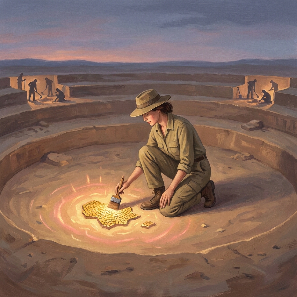 Painted illustration of a woman archaeologist excavating from the center of a dig site, with warm golden light glowing from the mosaic beneath her while other workers dig from the edges