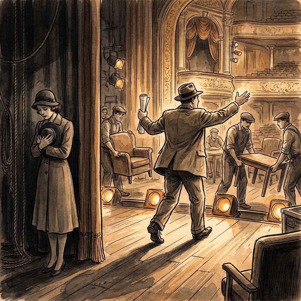 Vintage theater illustration: a director rushes about the stage focused on set logistics while an actress stands alone in the wings, head bowed, experiencing a private emotional moment he ignores
