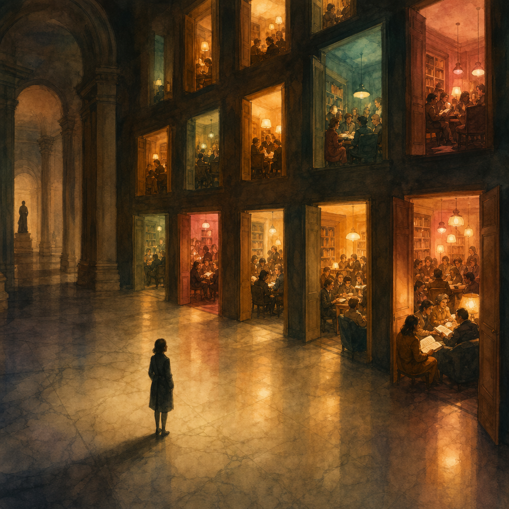 Watercolor illustration of a lone author in an empty marble hall gazing at a wall of glowing rooms, each filled with crowds of eager readers just out of reach