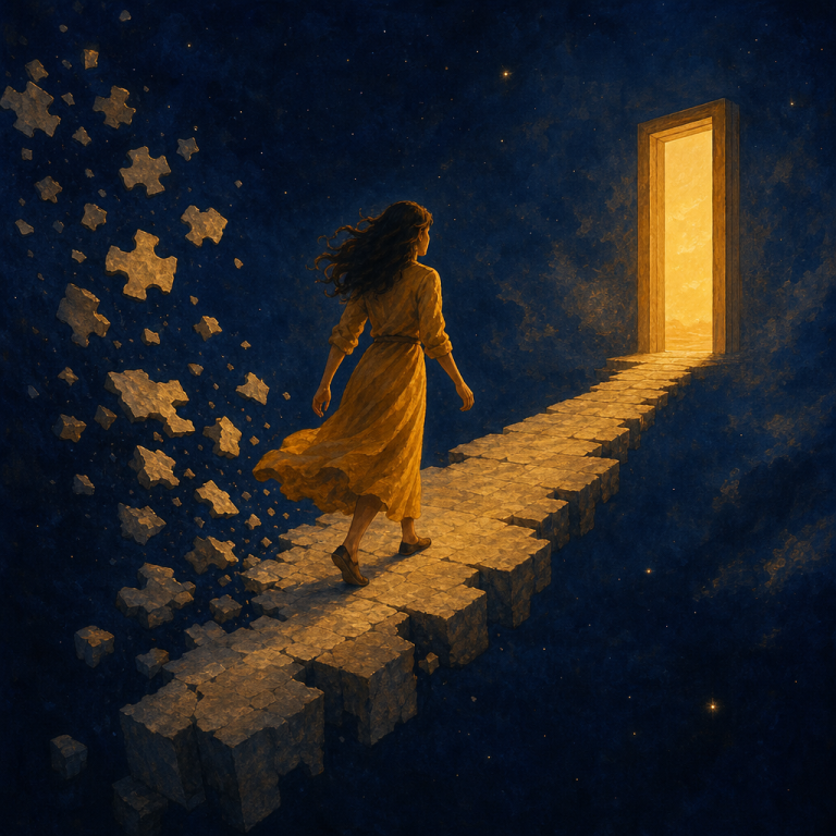 Gouache illustration of a woman walking across a crumbling stone path in space, fragments floating upward behind her, an illuminated doorway ahead