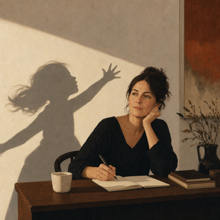 Illustration of a woman at a writing desk, her shadow on the wall showing her younger self reaching outward—a metaphor for the two selves required in memoir writing