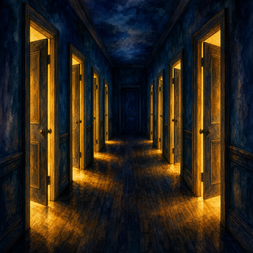 Painterly illustration of a shadowy corridor with many doors slightly ajar, warm golden light spilling through the cracks onto dark floorboards