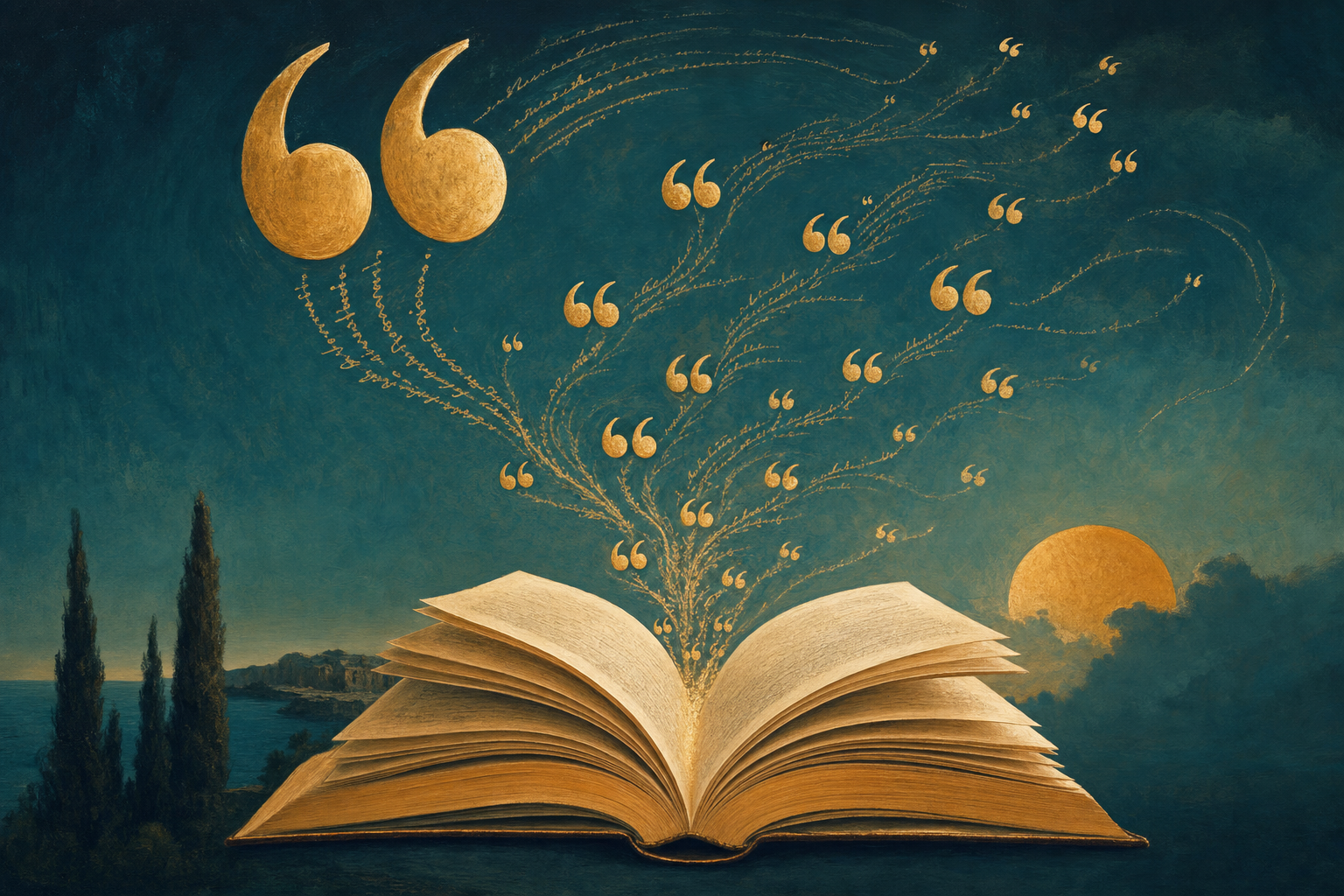 Quotation marks rising from an open book, symbolizing great opening lines in fiction