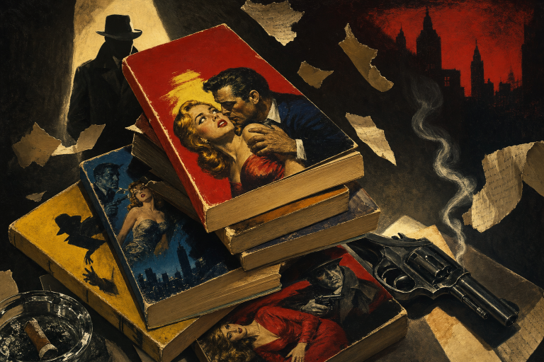 Vintage pulp fiction paperbacks with noir detective imagery, evoking the golden age of pulp magazines