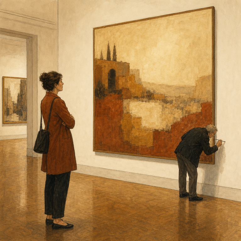 Illustration of a woman studying a large painting from a distance while another figure leans in close to examine a tiny detail, representing the contrast between structural revision and line editing