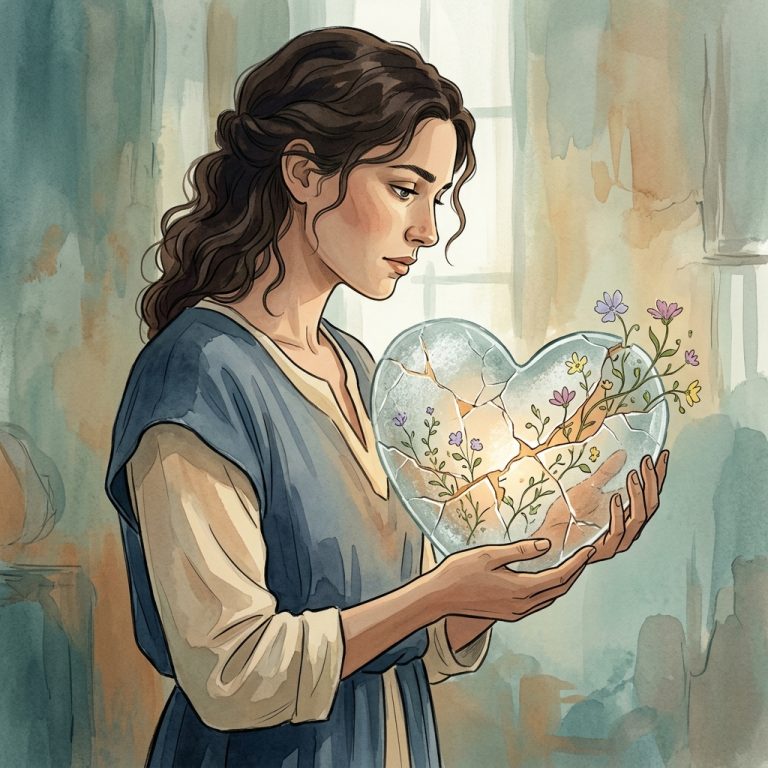 Watercolor illustration of a woman cradling a cracked translucent heart from which wildflowers bloom through the fractures