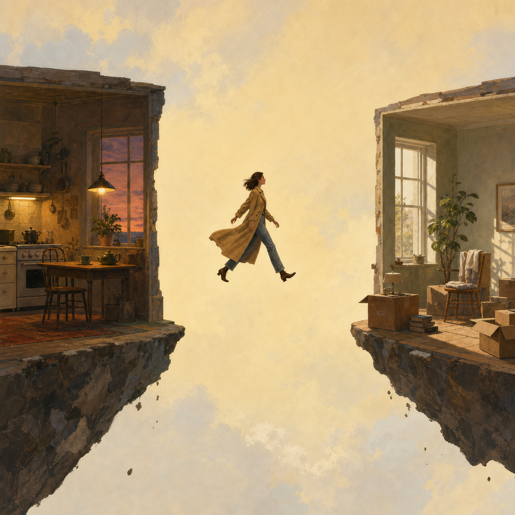 Surreal painterly illustration of a woman in a trench coat striding confidently across an empty gap of sky between two floating cutaway rooms, a lamplit kitchen on one side and a sunlit room of moving boxes on the other.