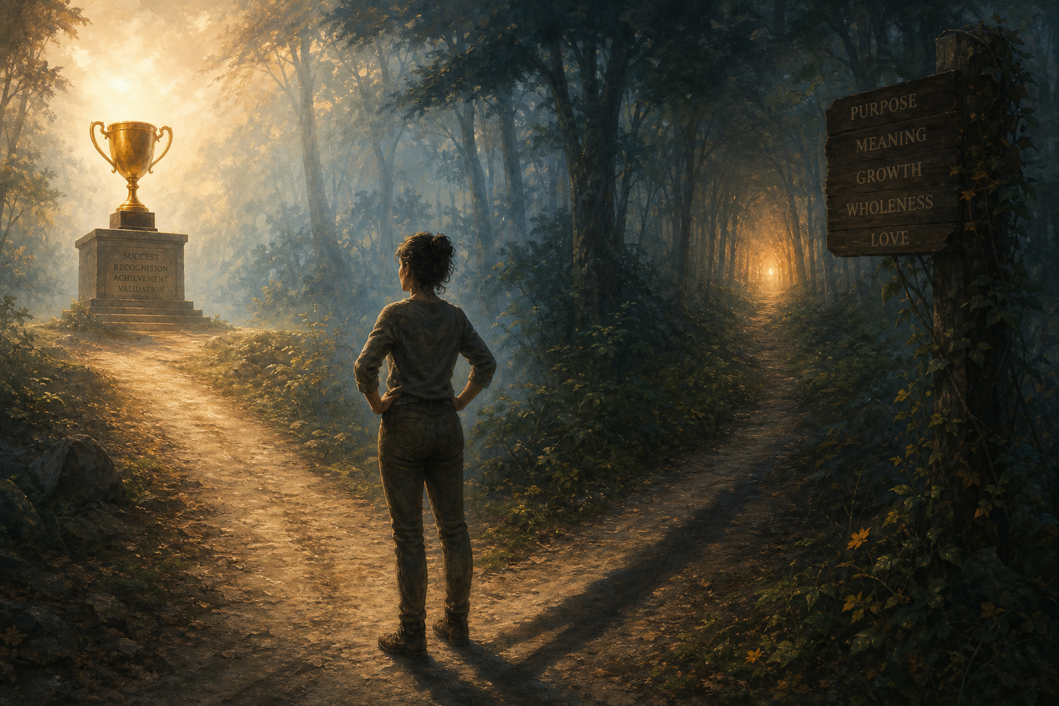 A woman at a fork in a misty forest — one path leads to a golden trophy, the other to a warm hidden light
