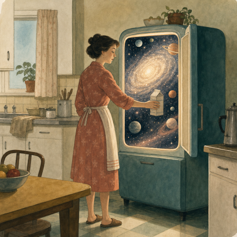 Watercolor illustration of a woman in an apron casually opening her refrigerator to find a swirling galaxy and planets inside, treating cosmic wonder as ordinary.