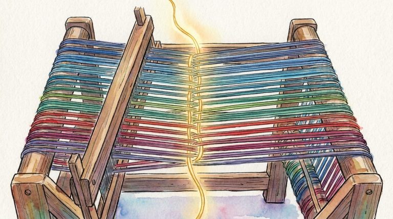 Watercolor illustration of a weaving loom with multicolored threads and a single luminous gold thread running through all of them, symbolizing story theme as the thread that binds everything together