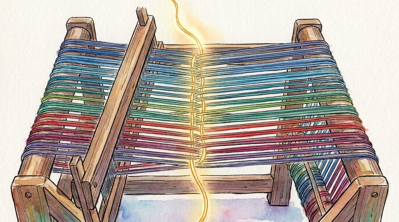 Watercolor illustration of a weaving loom with multicolored threads and a single luminous gold thread running through all of them, symbolizing story theme as the thread that binds everything together