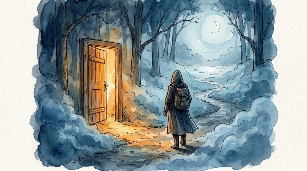 Watercolor illustration of a hooded figure standing at a threshold between a warm glowing open doorway and a moonlit forest path, symbolizing the character arc choice between the familiar and the hard path forward