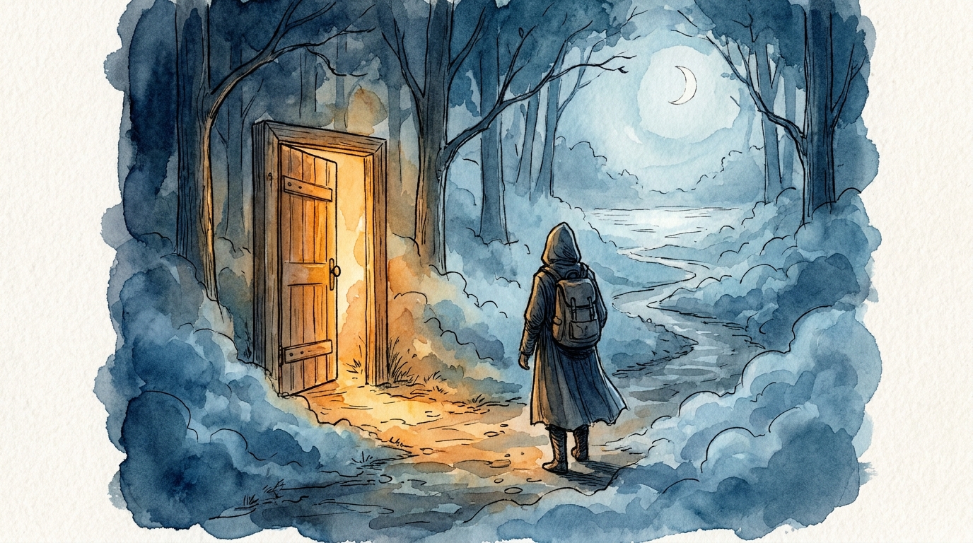 Watercolor illustration of a hooded figure standing at a threshold between a warm glowing open doorway and a moonlit forest path, symbolizing the character arc choice between the familiar and the hard path forward