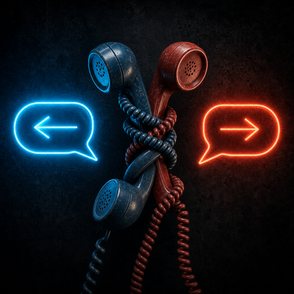 Line art illustration of two tangled telephone receivers, representing asymmetry and tension in dialogue.