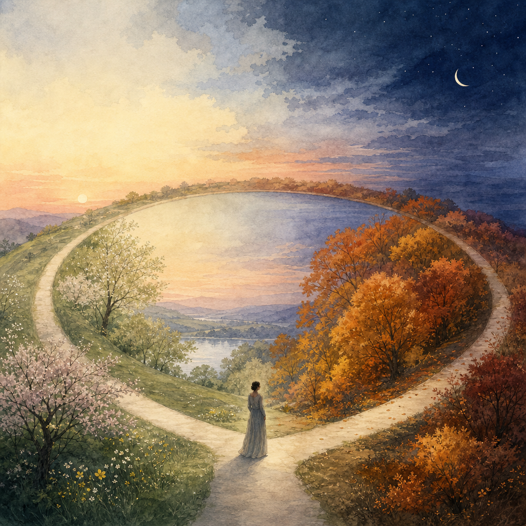 Watercolor illustration of a circular path through a landscape transforming from spring dawn to autumn twilight, with a solitary figure standing where the seasons meet