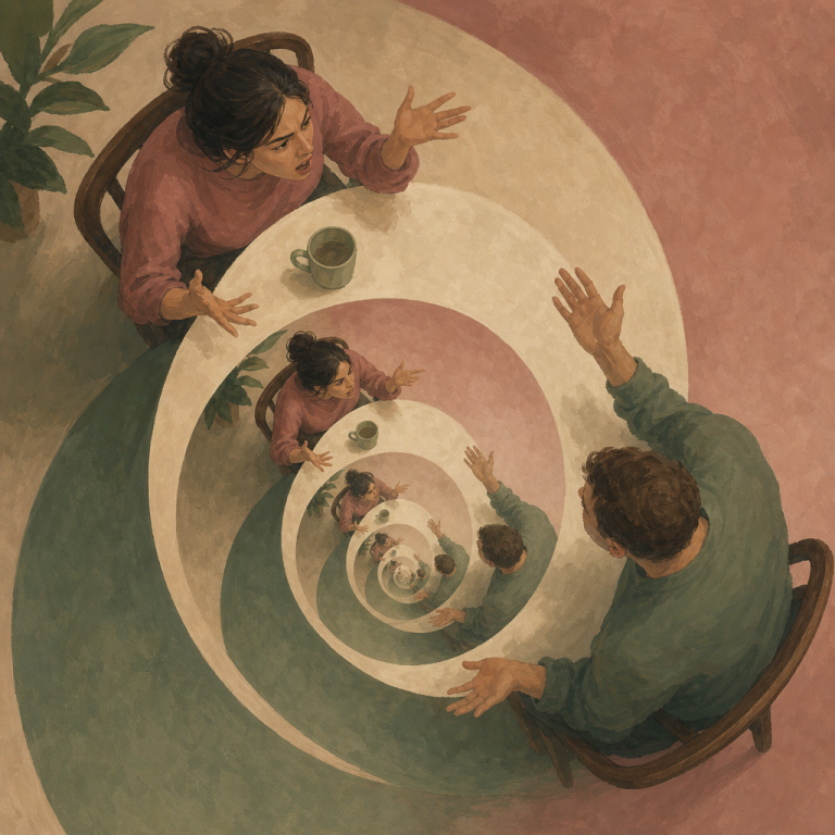 Gouache illustration of two people arguing at a table, the scene spiraling inward in repetition, suggesting the same conversation happening over and over