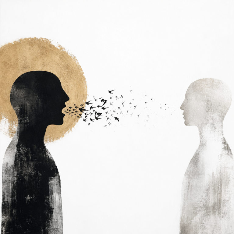 Abstract symbolic illustration of two human silhouettes facing each other, with words dissolving into empty space between them — representing the power of what is left unsaid in dialogue