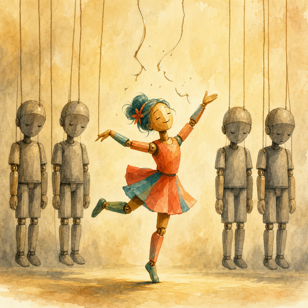 Watercolor illustration of five marionette puppets — four identical and gray, one colorful and free, dancing with broken strings