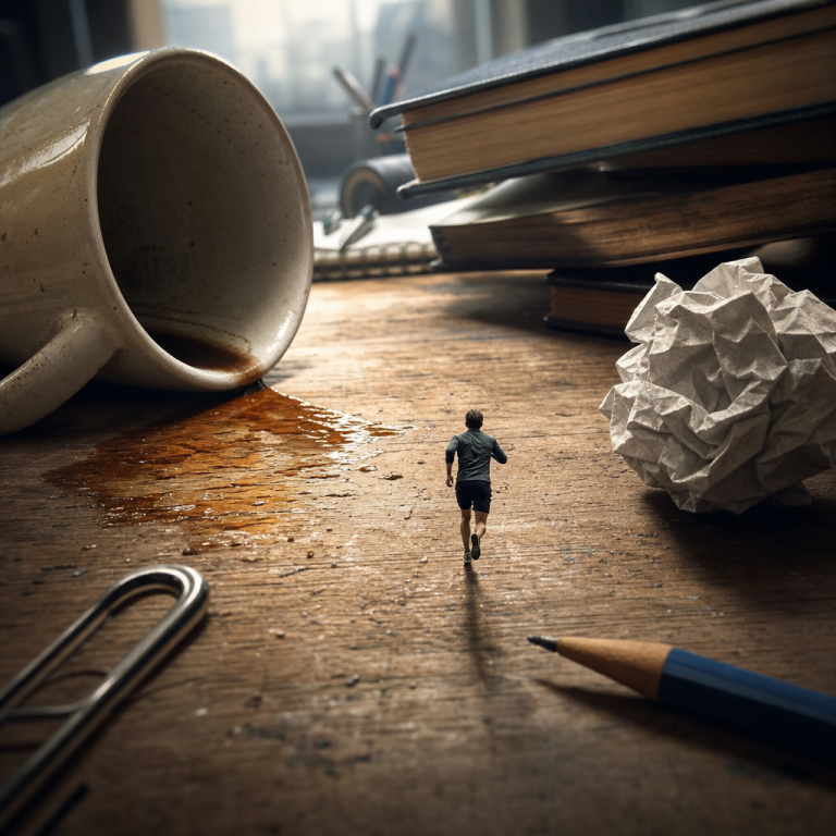 Watercolor illustration of a miniature figure running across a tabletop, navigating giant obstacles like a tipped coffee cup and sliding books