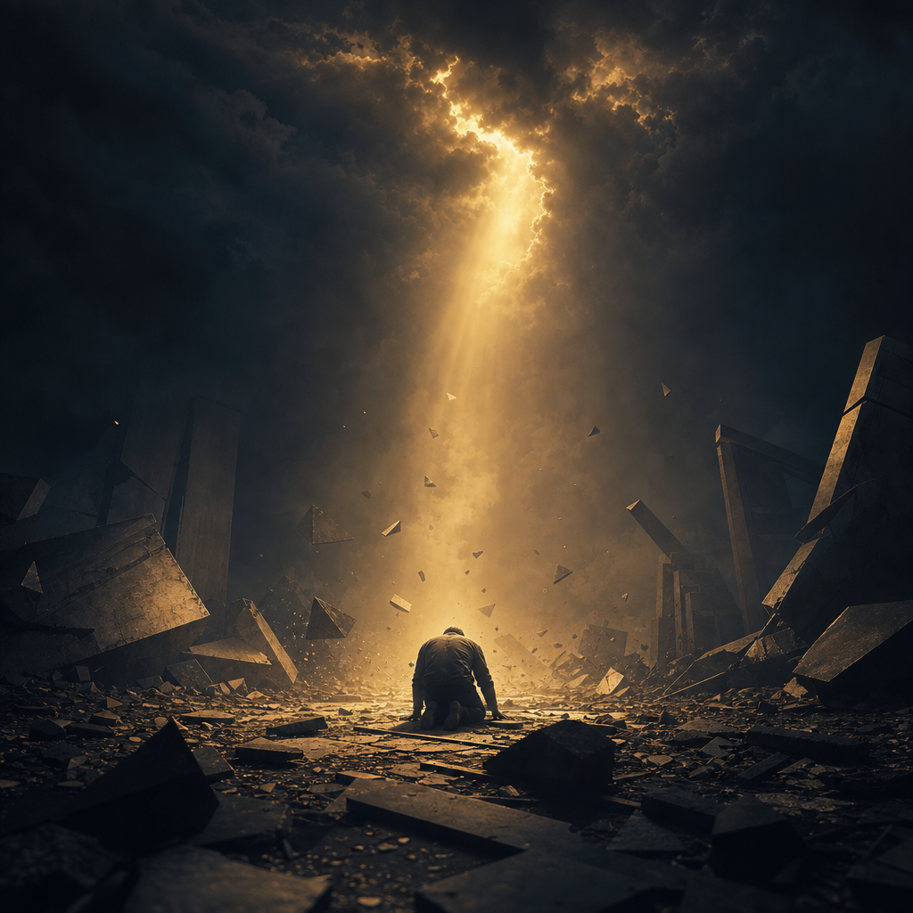 Illustration of a lone figure kneeling in rubble with a single beam of golden light breaking through darkness, symbolizing the all-is-lost moment before recovery