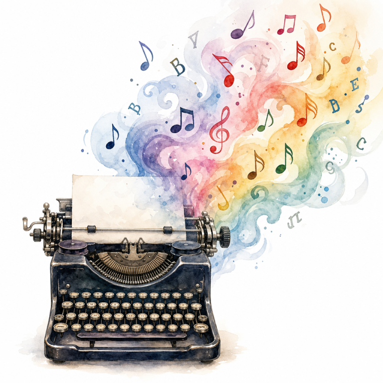 Watercolor illustration of an antique typewriter with colorful musical notes and letters floating out of it, blending into a swirling mist