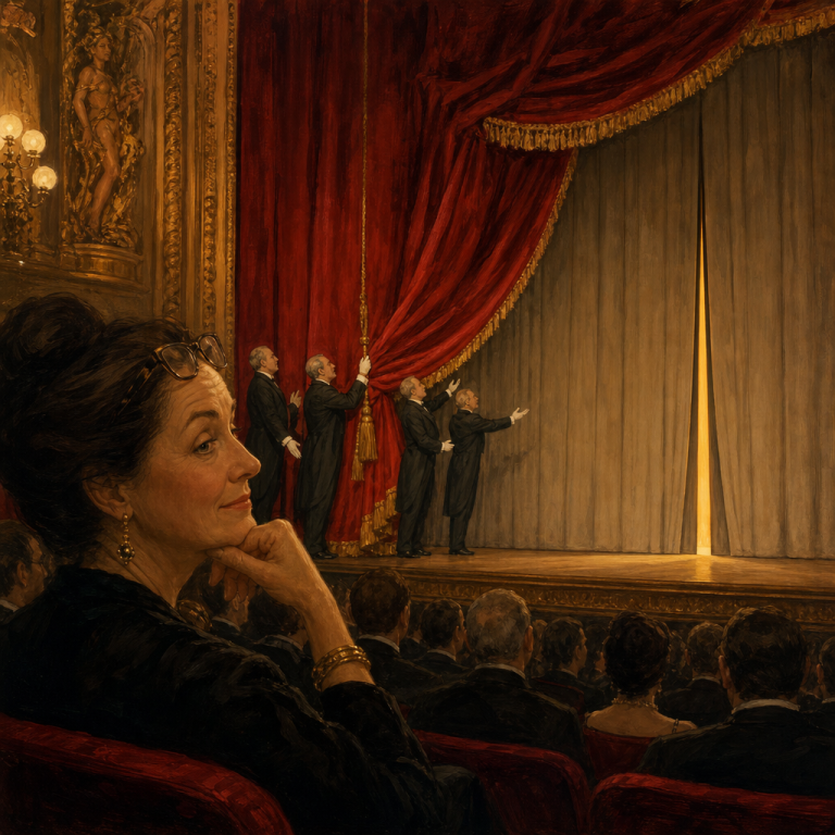 Theater illustration: a woman in the audience watches a grand velvet curtain open to reveal another curtain, with warm light visible beyond — a metaphor for unnecessary prologues delaying the real story