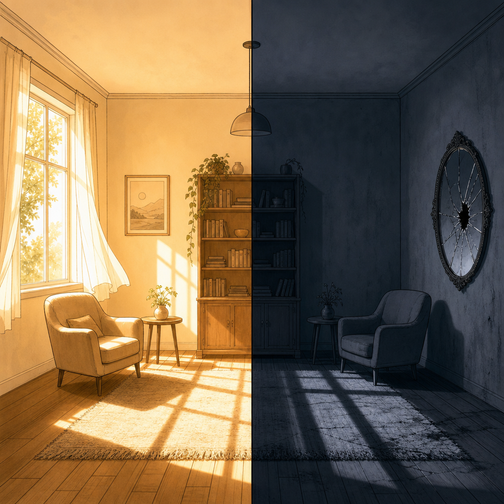 A split-screen minimalist illustration of a bedroom, showing sunlight and warmth on the left versus deep cold shadows and a cracked mirror on the right.