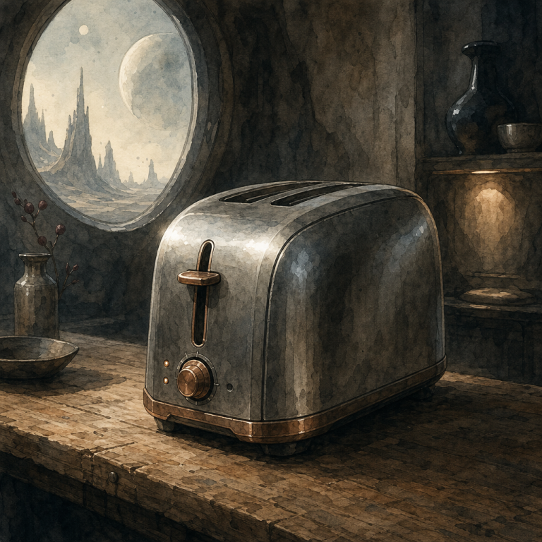 Minimalist watercolor illustration of a futuristic toaster on a rustic wooden table in an alien kitchen