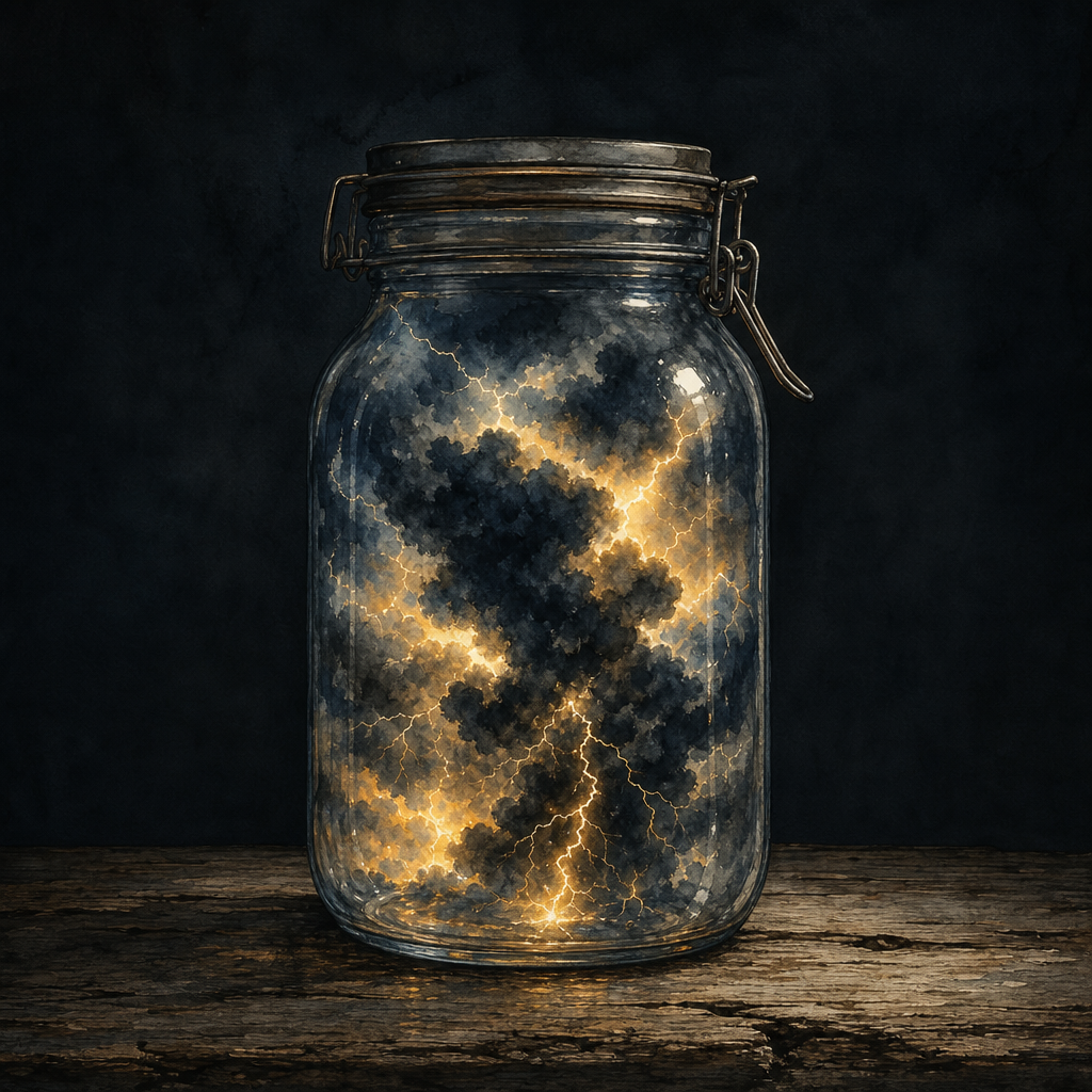 Watercolor illustration of a glass jar trapping glowing, turbulent storm clouds on a rustic table
