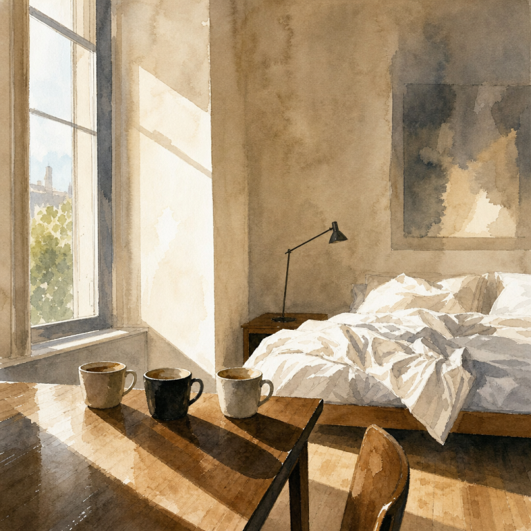An editorial watercolor illustration of a quiet, sunlit room with an unmade bed and coffee cups on a desk, capturing a sense of absence and secrets.