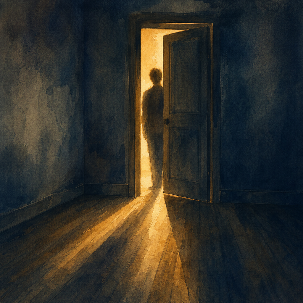 Watercolor illustration of a doorway with warm golden light spilling through, a blurred silhouette standing half-visible in the frame, dramatic shadows across a wooden floor