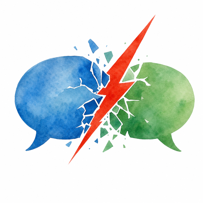 A symbolic illustration of a conversation being interrupted with fractured watercolor speech bubbles